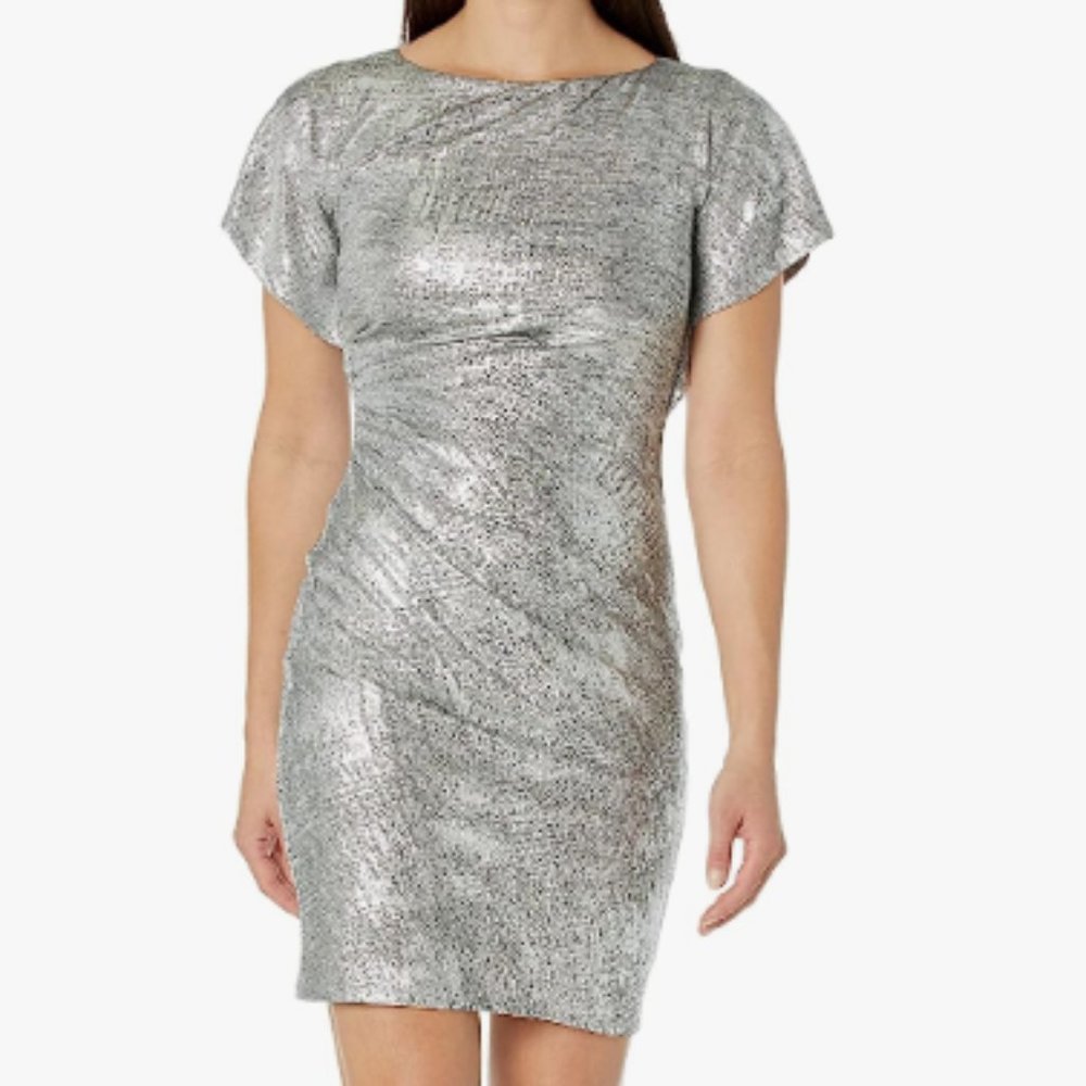 NWT Vince Camuto Women's Foil Knit Flutter Sleeve Ruched Bodycon